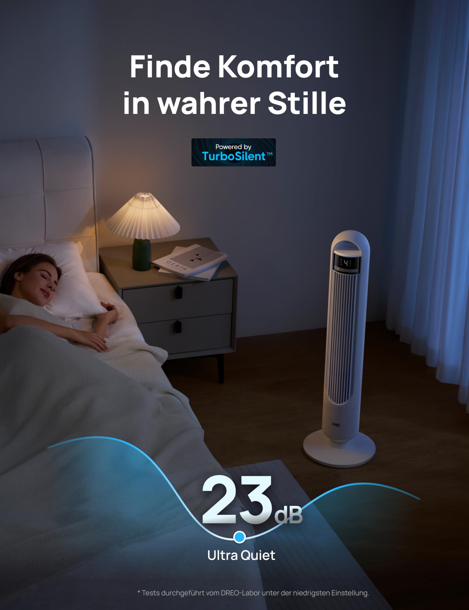 Dreo 23dB Leiser Turmventilator, Ventilator mit Kühlung, Fernbedienung für Schlafzimmer, Tower Fan mit 4 Geschwindigkeiten, 3 Modi, 9,8 m Windreichweite, 8H Timer, 90° Oszillierend für Wohnzimmer