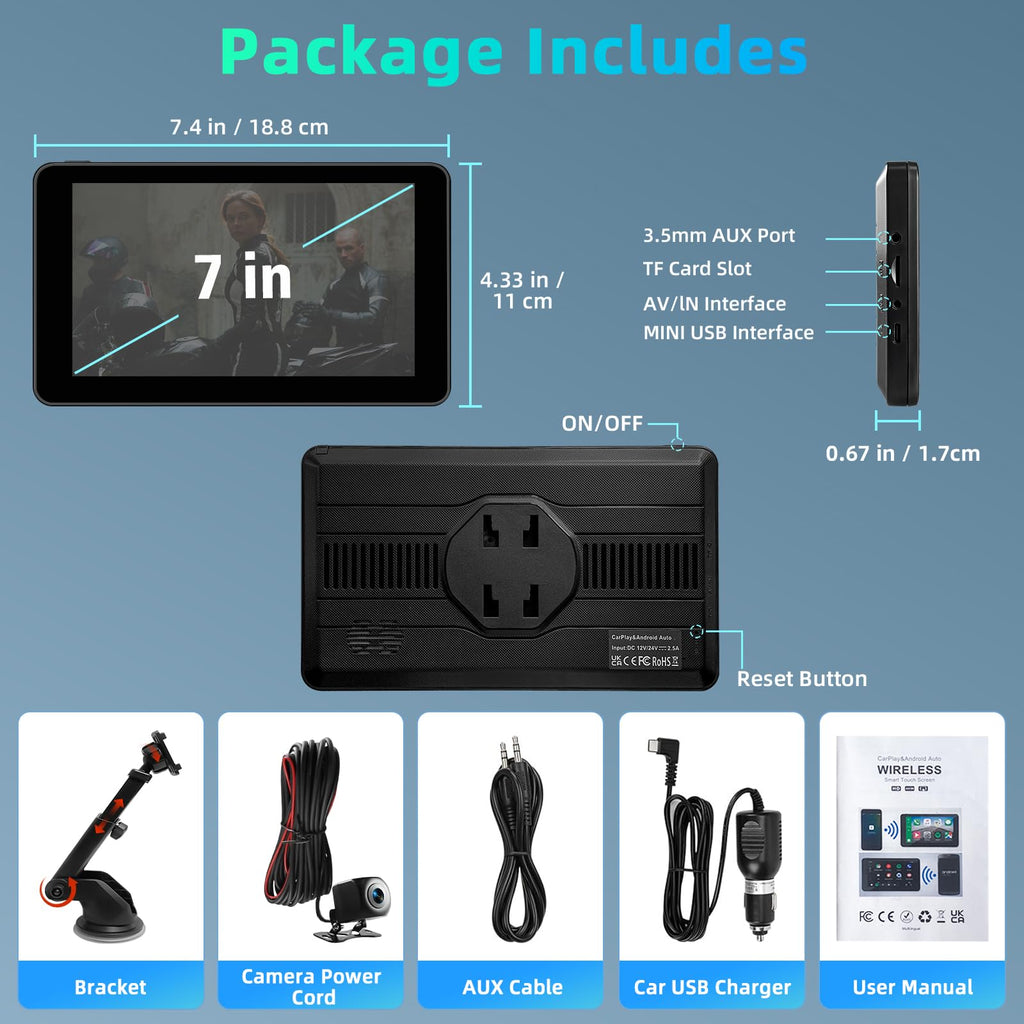 7 Zoll Android Auto Display & Carplay Display, Wireless Car Play Android mit 1080P HD Rückfahrkamera IPS Touch Screen Bluetooth AUX FM Mirror Link Siri, GPS Navigation