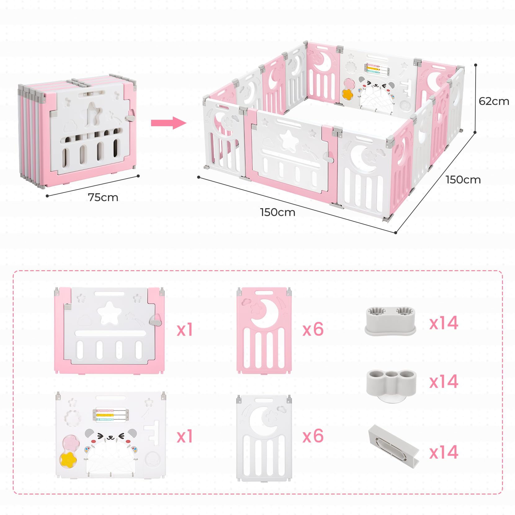 Dripex Laufstall Baby faltbar 150x150x62cm (14 Paneele) mit Spielboard, Laufgitter Baby, Kinderlaufstall & Babyzaun aus strapazierfähigem Plastik, Playpen für Innen & Außen, Rosa