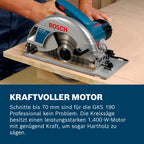 Bosch Professional Kreissäge GKS 190 (Leistung 1400 Watt, Kreissägeblatt: 190 mm, Schnitttiefe: 70mm inkl. HM-Kreissägeblatt, Absaugadapter, Parallelanschlag, Sechskantstiftschlüssel)