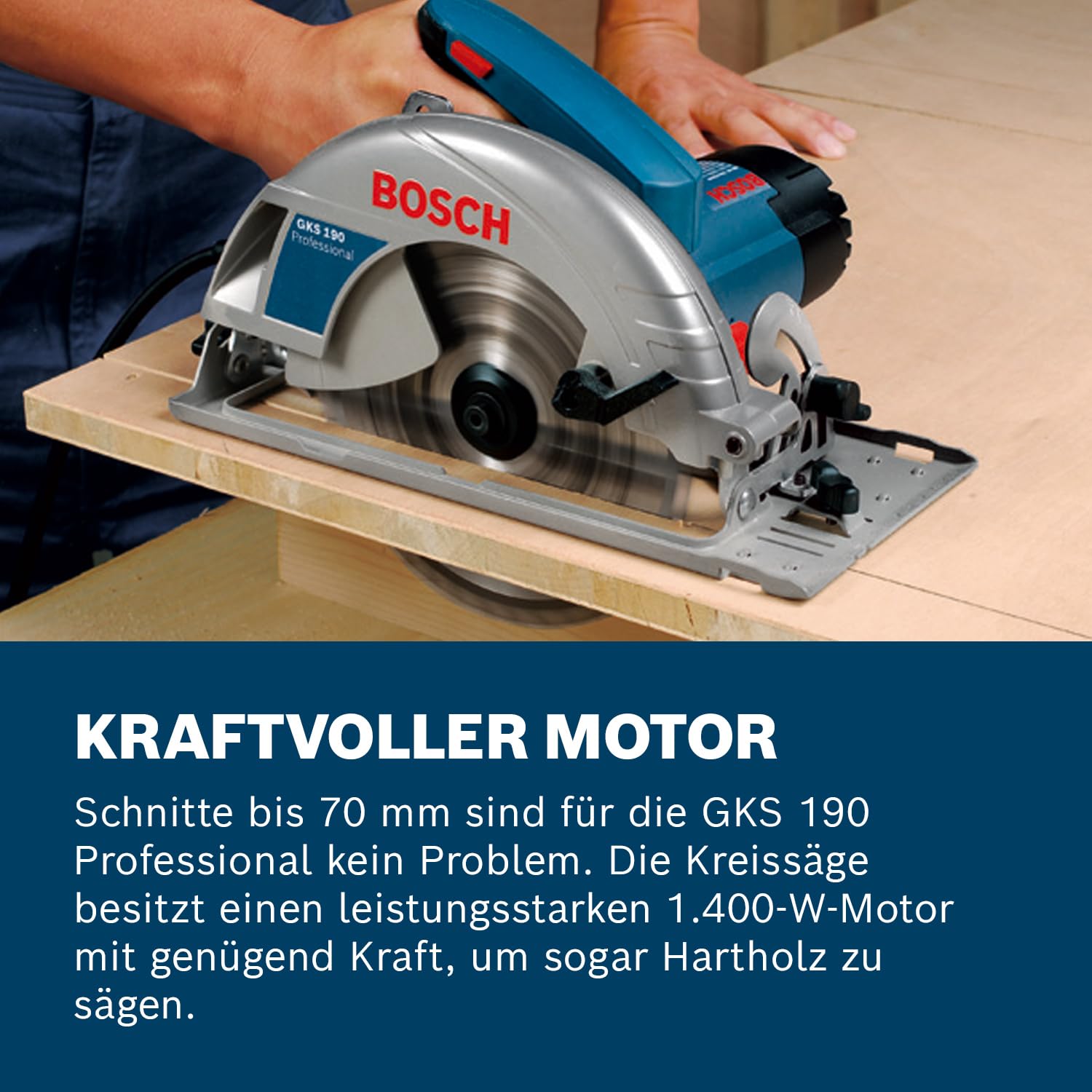 Bosch Professional Kreissäge GKS 190 (Leistung 1400 Watt, Kreissägeblatt: 190 mm, Schnitttiefe: 70mm inkl. HM-Kreissägeblatt, Absaugadapter, Parallelanschlag, Sechskantstiftschlüssel)