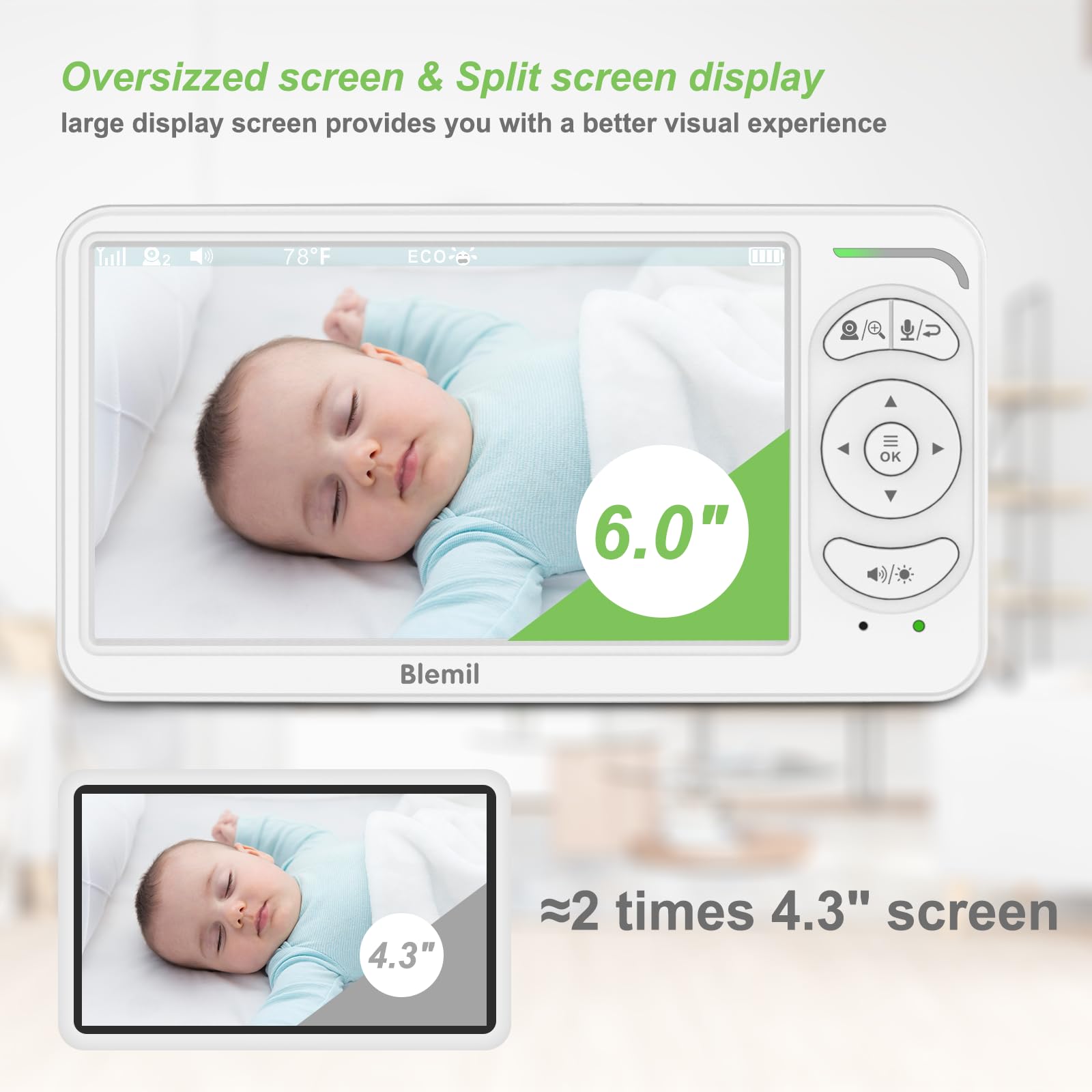 Blemil Babyphone, Video Babyphone mit 2-Kameras und Audio, 6 IPS große Split Screen Fernbedienung Schwenk/Neige/Zoom, Videomonitorkameras mit klarer Nachtsicht und 30hours Batterielaufzeit