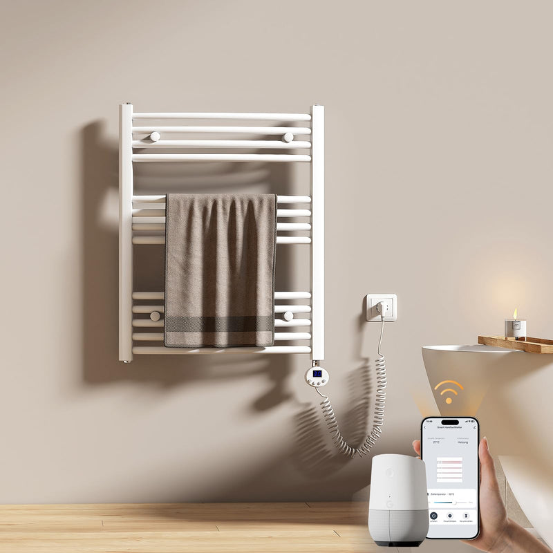 EMKE WiFi Badheizkörper Elektrisch 750x600 mm - Gebogen Handtuchheizkörper Elektrisch, Elektrischer Handtuchwärmer Handtuchtrockner Handtuch Heizkörper Bad mit Thermostat und Heizstab - 300W, Weiß