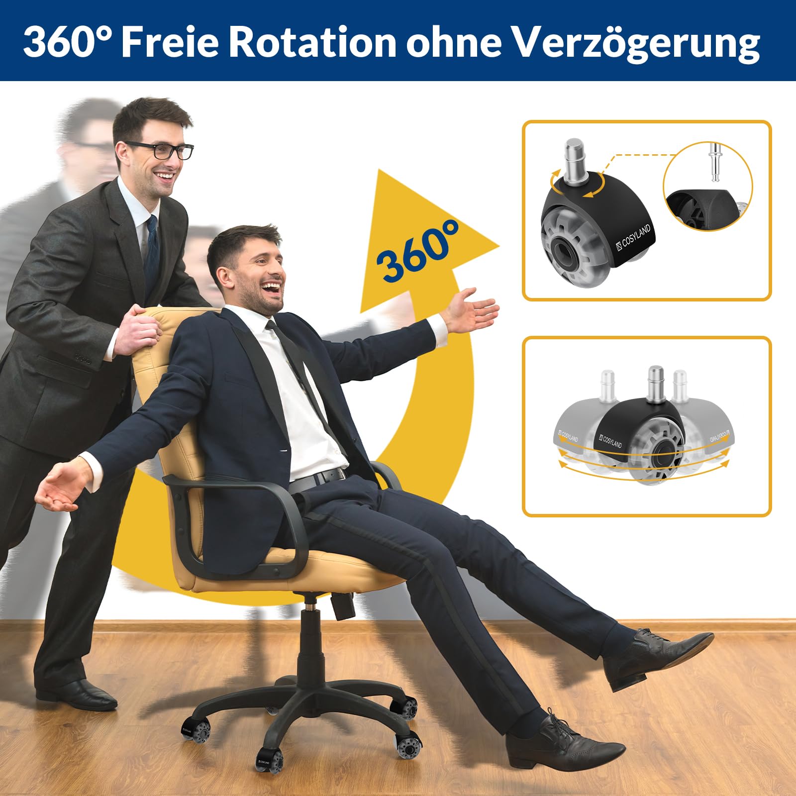 COSYLAND Bürostuhl Rollen 11mm x 22 mm - 5er Set Rollen für Bürostühle - Super Leise und Weiche für Hartböden, Parkett, Teppich, Laminat, Keine Bodenschutzmatte Nötig, Grau Doppelräder