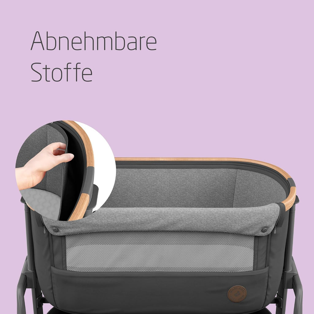 Maxi-Cosi Iora Beistellbett Baby, Faltbares Co-Sleeper, 0–6 Monate, max. 9 kg, 4 Neigungs- und 5 Höhenstufen, Leichtes Schieben, Bequeme Matratze, Großer Korb, Leicht zu Tragen, Essential Graphite