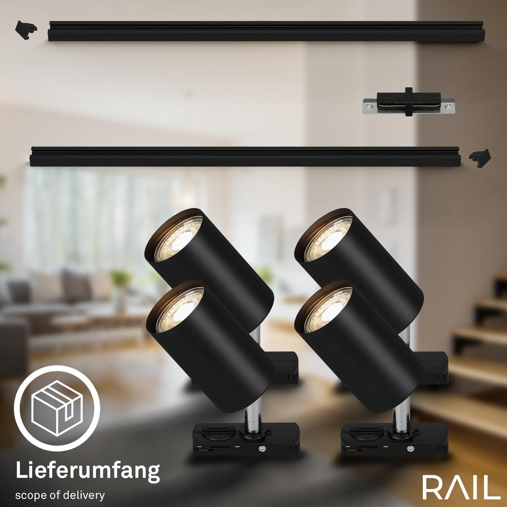 BRILONER - Schienensystem Rail Starterset, 4x GU10 Spots schwenkbar, erweiterbar, Lichtschienensystem Decke, Strahler Schiene, Deckenlampe, Deckenleuchte, Spotlight, 1,5 m, Schwarz