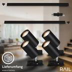 BRILONER - Schienensystem Rail Starterset, 4x GU10 Spots schwenkbar, erweiterbar, Lichtschienensystem Decke, Strahler Schiene, Deckenlampe, Deckenleuchte, Spotlight, 1,5 m, Schwarz