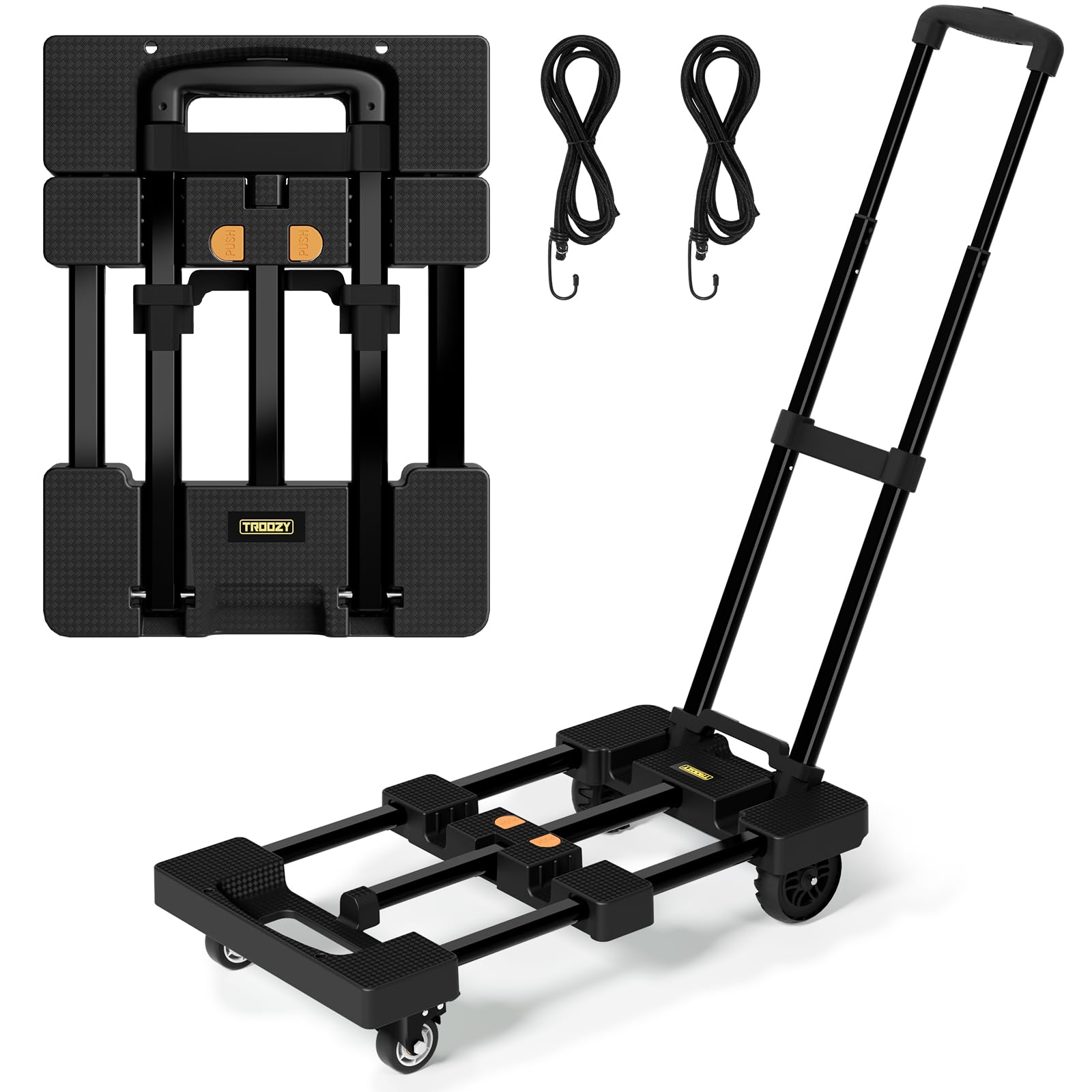 Faltbare Sackkarre, Dolly Cart mit 6 Rädern (2 mit Bremse) und 2 elastischen Gurten, 227 kg Schwerlastwagen für Umzug, Gepäck, Autositz, Gartenpflanze, Camping, max. ausziehbare Platte, 66 cm, Schwarz
