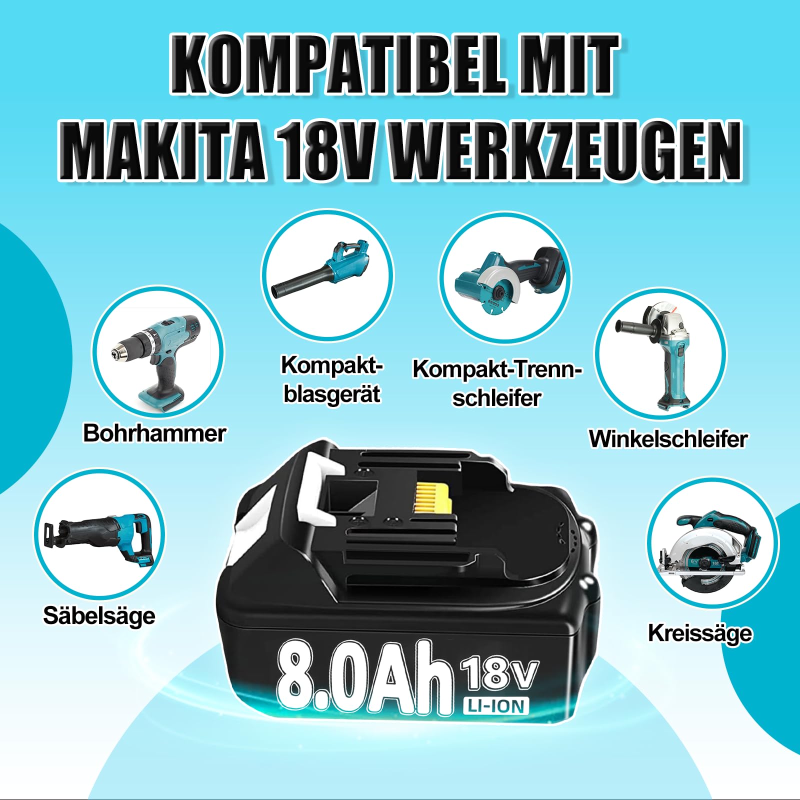 8000mAh BL1860 Ersatzakku für makita akku 18v 8Ah Ersatzakku für Makita akku BL1850 BL1850B BL1860 BL1860B BL1840B BL1840 BL1830 BL1835 BL1845 194204-5 LXT-400 Werkzeugakku mit LED (8.0-4-C)