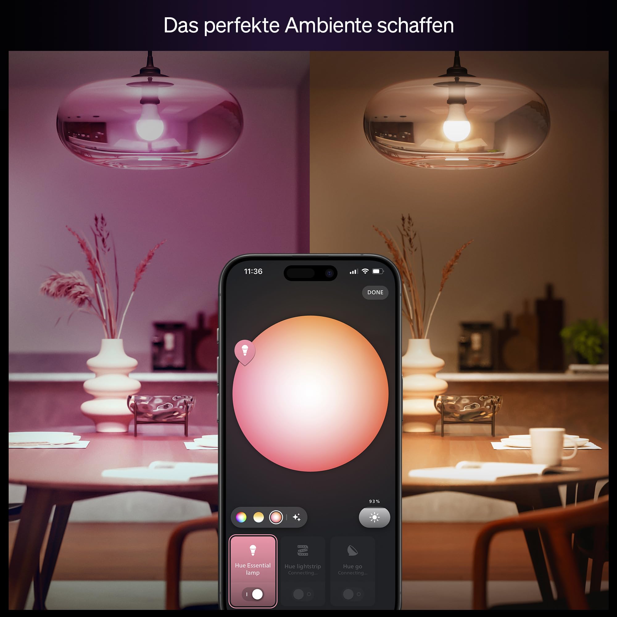 Philips Hue Essential Smart LED A60 Glühbirne,white and color, E27-Fassung, 8 W, 2200 K–6500 K, 806 lm, dimmbar, kompatibel mit Alexa, Google Assistant und Apple Home, 4er-Pack