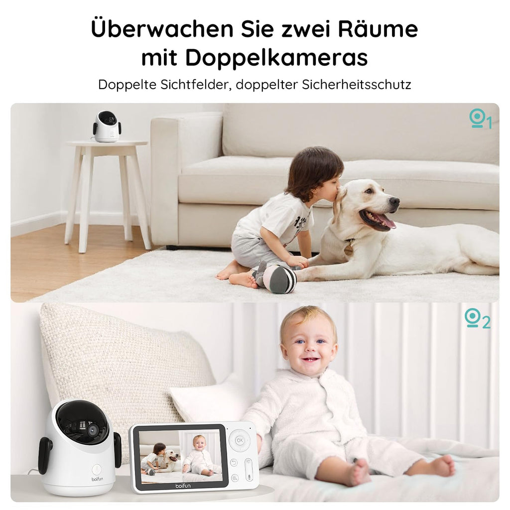 BOIFUN Babyphone mit 2 Kameras, 360 Gard WLAN 2MP Video Babyfon mit App, 4×Zoom, Bewegungsverfolgung, IR Nachtsicht, Weinen/Bewegungs/Geräuscherkennung, Temperaturerkennung