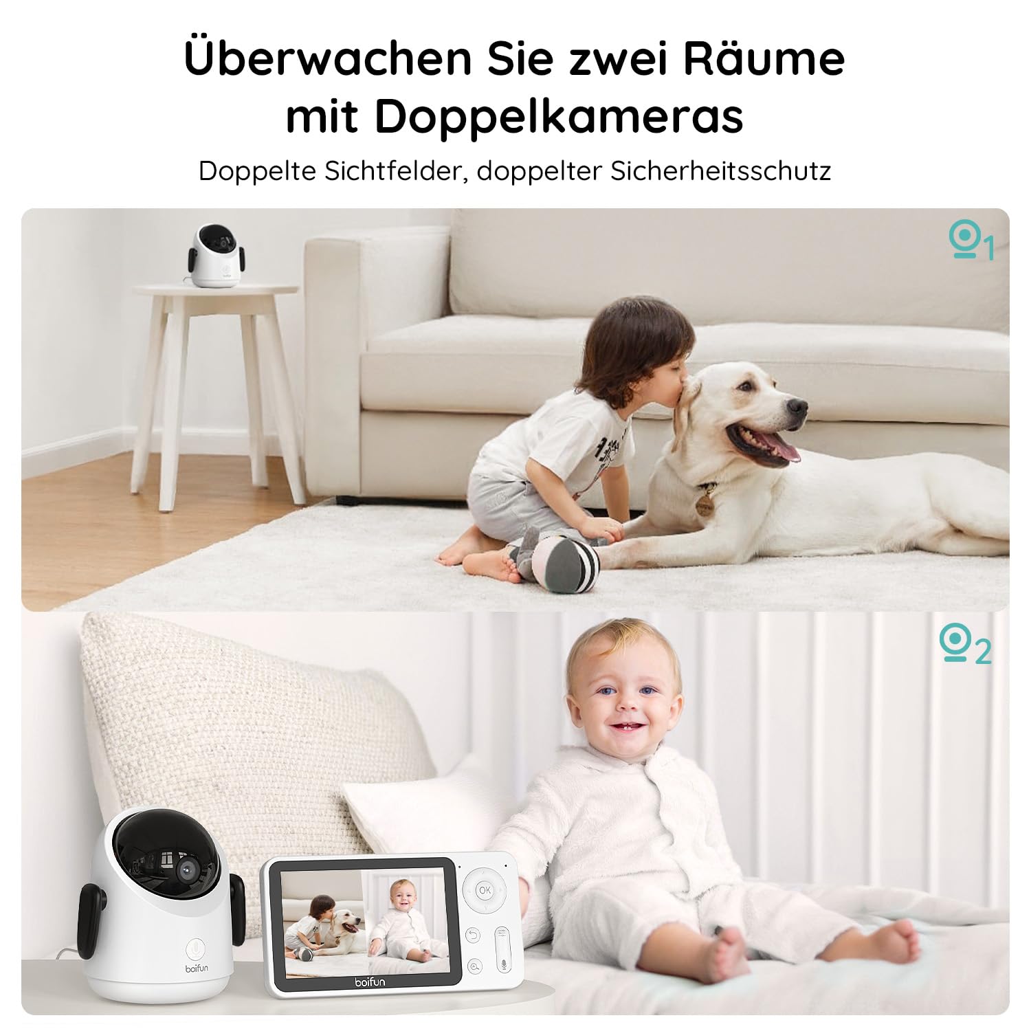 BOIFUN Babyphone mit 2 Kameras, 360 Gard WLAN 2MP Video Babyfon mit App, 4×Zoom, Bewegungsverfolgung, IR Nachtsicht, Weinen/Bewegungs/Geräuscherkennung, Temperaturerkennung