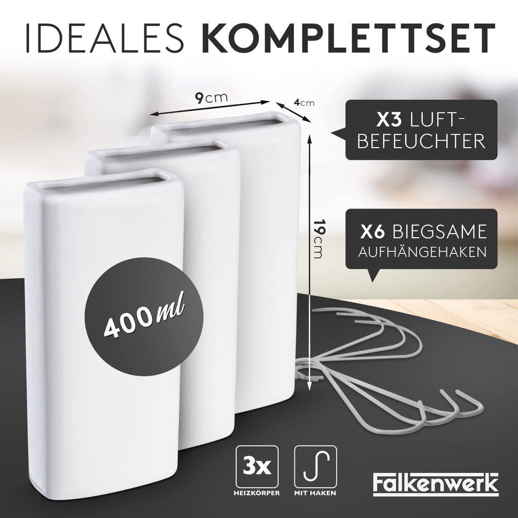 FALKENWERK Keramik Heizkörper Luftbefeuchter [3 Stück] - Universelle Luftbefeuchter Heizkörper mit flexiblem Aufhängehaken - Nachhaltiger Luftbefeuchter Heizung [passend für alle Heizungen] Weiß