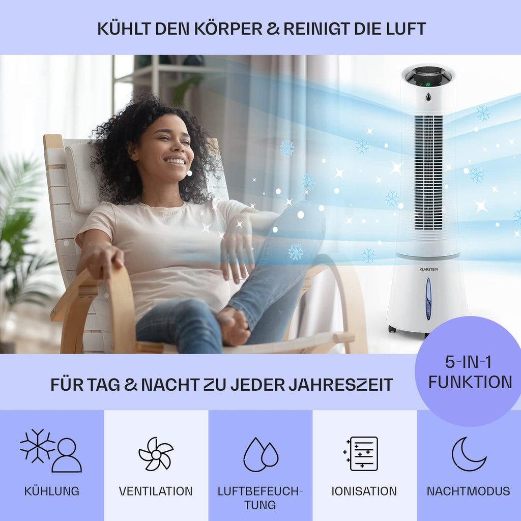 Klarstein Luftkühler mit Wasserkühlung, 5-in-1 Verdunstungskühler, Luftbefeuchter, Ventilator, Luftreiniger & Nachtmodus, Mobile Klimageräte Luftkühler 6L, 45 Watt Air Cooler, 180 m³/h Luftstrom