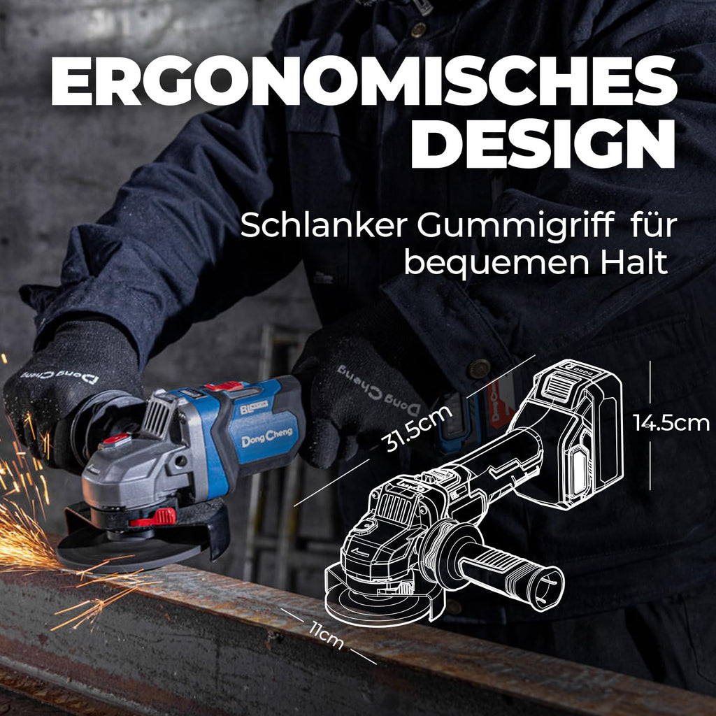 DongCheng Akku-Winkelschleifer 18V, Ø 125mm, 1000W, bürstenloser Motor, 3 Drehzahlstufen, Schnellspannschutz, Anti-Vibrationsgriff, inkl. 2 Schleif-, 2 Fächer-, 2 Trennscheiben, 4.0Ah Akku & Ladegerät