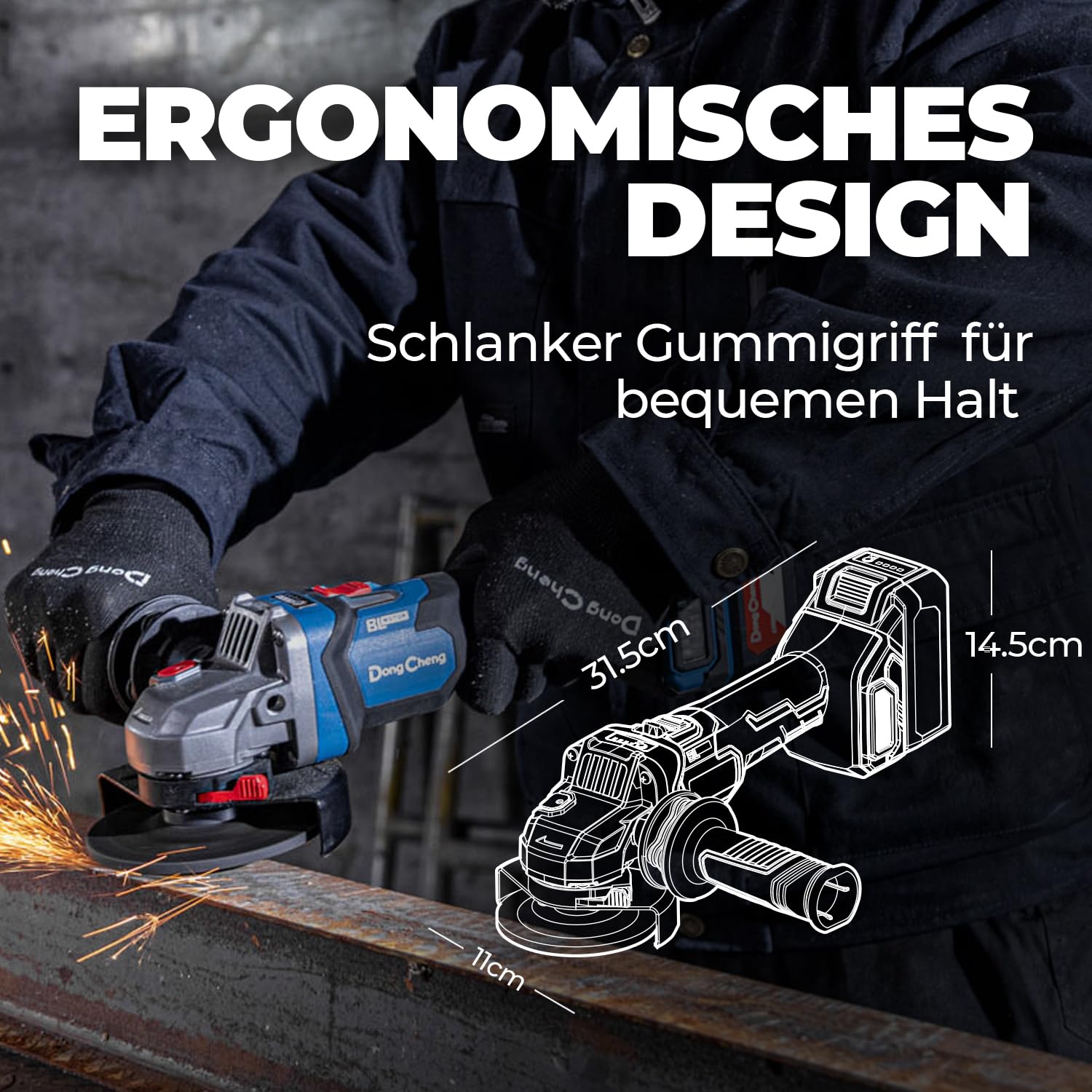 DongCheng Akku-Winkelschleifer 18V, Ø 125mm, 1000W, bürstenloser Motor, 3 Drehzahlstufen, Schnellspannschutz, Anti-Vibrationsgriff, inkl. 2 Schleif-, 2 Fächer-, 2 Trennscheiben, 4.0Ah Akku & Ladegerät