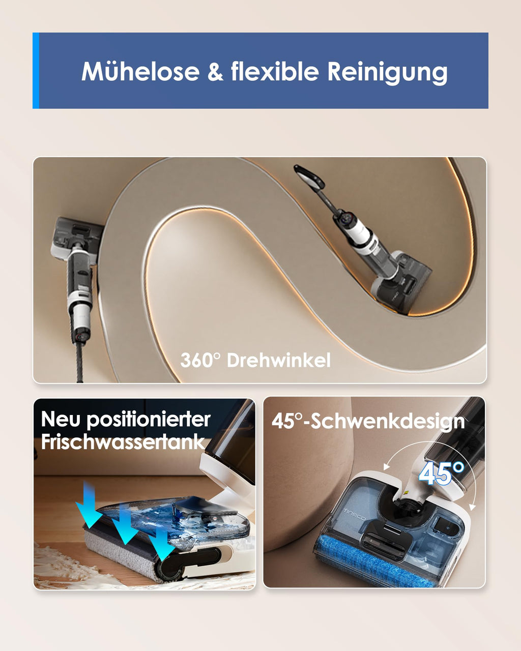 Tineco Floor ONE S6 Stretch Lite Nass Trockensauger, 180°Lay-Flat Nasssauger, Zentrifugallufttrocknung, 40min Laufzeit, Beidseitige Kantenreinigung, erreichen in niedriger Möbel für Tierhaare