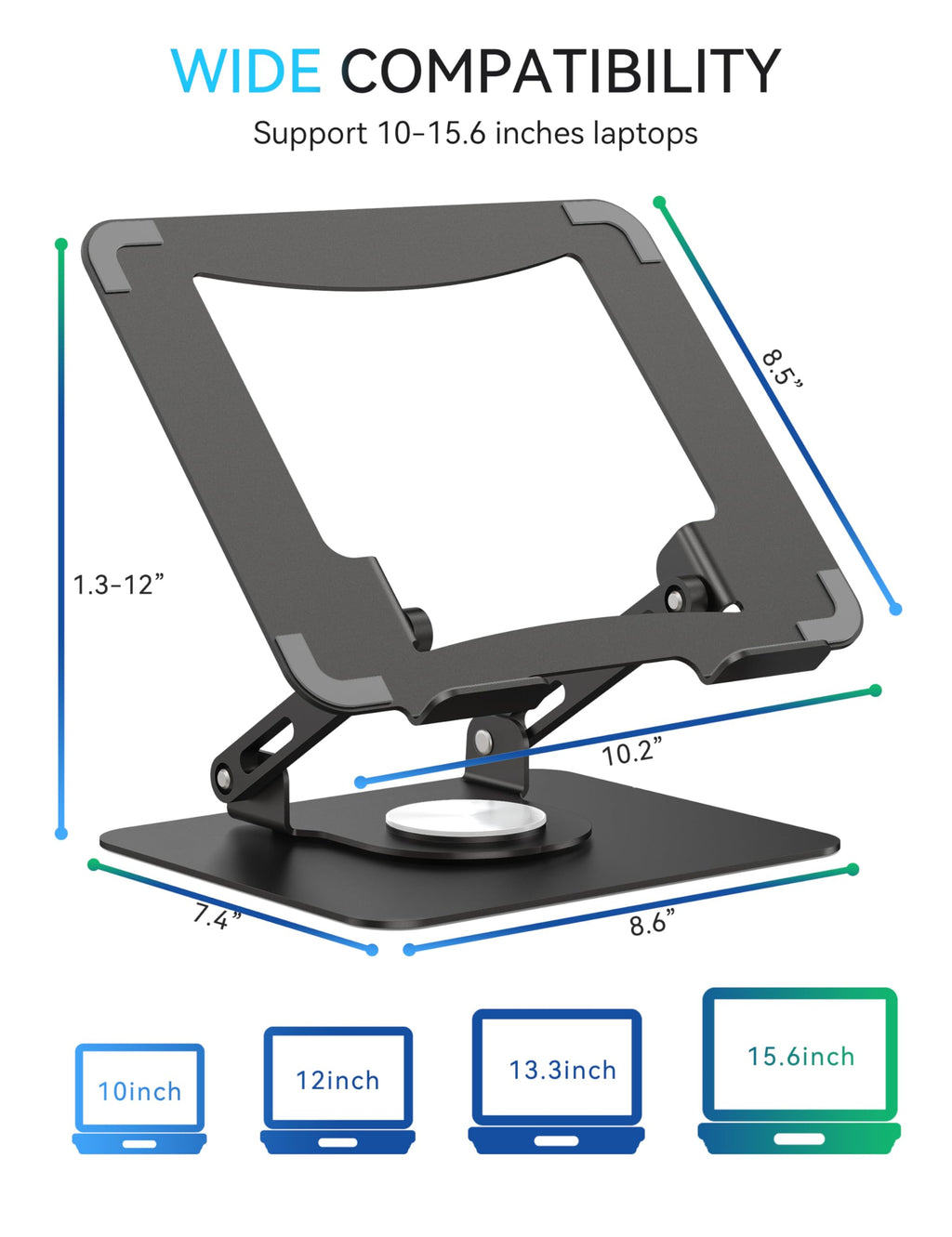 SOUNDANCE Laptopständer mit 360° drehbarer Basis, Ergonomische Computererhöhung für Schreibtisch, Einstellbare Höhe, Faltbare Laptophalterung, Stabile Unterstützung 10-15,6 Zoll Notebook, Schwarz