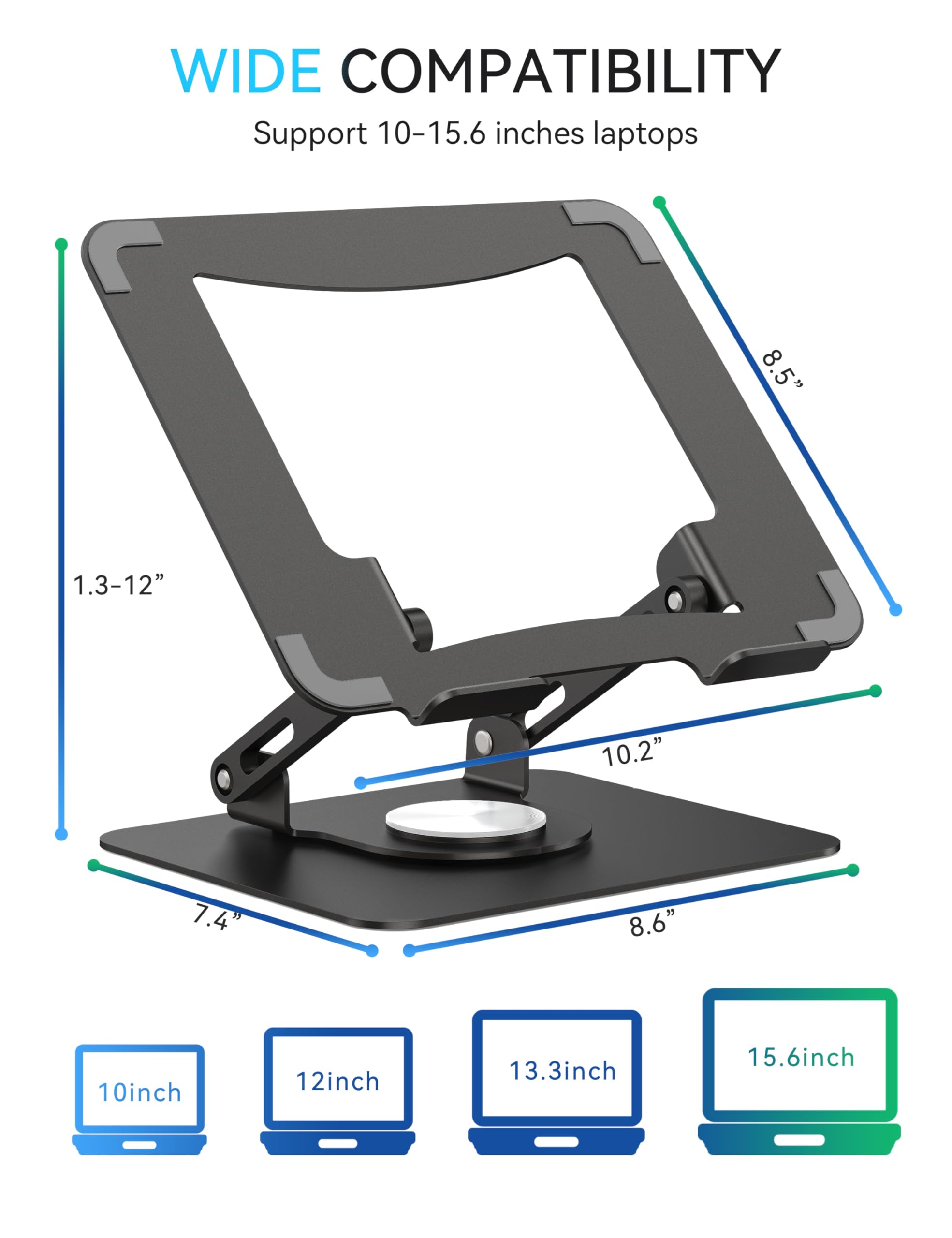 SOUNDANCE Laptopständer mit 360° drehbarer Basis, Ergonomische Computererhöhung für Schreibtisch, Einstellbare Höhe, Faltbare Laptophalterung, Stabile Unterstützung 10-15,6 Zoll Notebook, Schwarz