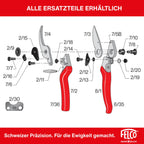 FELCO 8 Bypass-Gartenschere für Rechtshänder, ergonomisch für große Hände, 52 mm Stahlklinge, 25 mm Schnittdurchmesser, Stoßdämpfer, geschmiedete Aluminiumgriffe, abgewinkelter Schneidkopf, Swiss Made