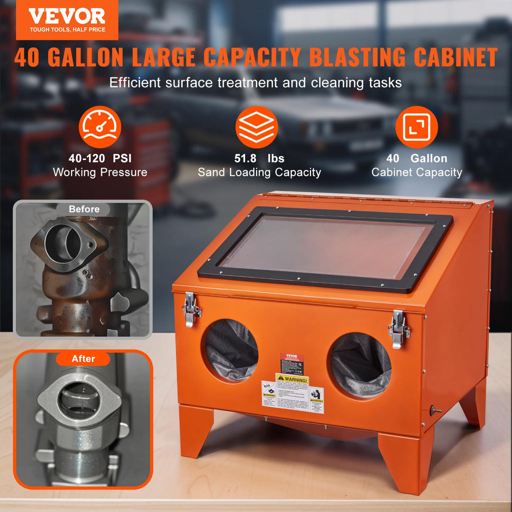 VEVOR 40-Gallonen-Sandstrahlkabine, 40–120 PSI tragbare Tisch-Sandstrahlkabine, robuster Sandstrahler aus Stahl mit Strahlpistole und 4 Keramikdüsen für die Entfernung von Farbe, Flecken und Rost