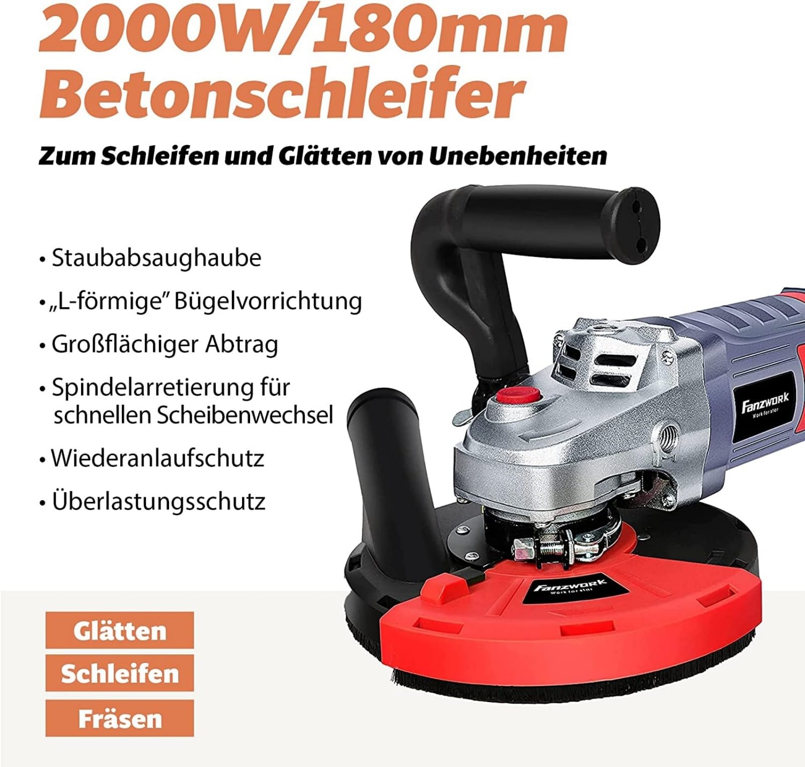 FANZWORK Betonschleifer Betonfräse Set mit Diamantschleiftopf und Absaughaube (2000W/180mm)