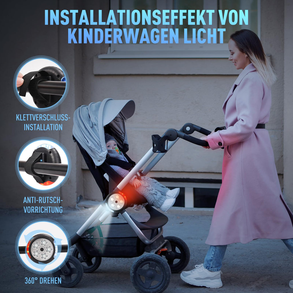 Amteker Kinderwagen Licht Aufladbar, 12 LED Pro Licht 2 Leuchteffekte, USB Wiederaufladbares Lichts Kinderwagen, Passend für Alle Kinderwagen, Kinderwagen Beleuchtung Zubehör Baby Geschenk(2 Stück)