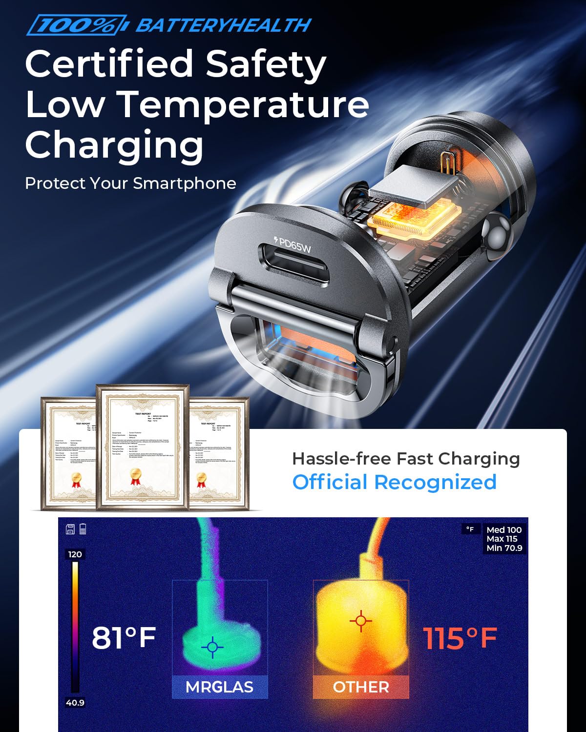 MRGLAS Zigarettenanzünder USB C 125W KFZ Ladegerät [PD65W & QC60W] Schnellladung Mini Ganzmetall USB C Auto Ladegerät 12v Auto Adapter Kompatibel mit iPhone 17 Pro Max Plus Air 16 15,Samsung S25 Ultra