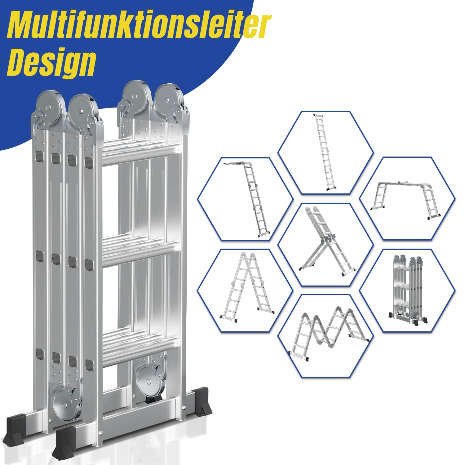 Lospitch 4x3 Mehrzweckleiter, 360cm 7 in 1 Multifunktionsleiter mit 2 plattform, Aluminium Vielzweckleiter mit 2 Transport Rollen bis 150 kg, Arbeitsleiter 12 Stufen, Silber