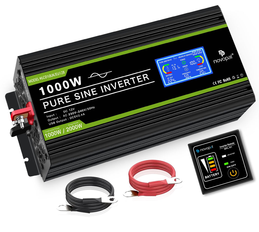 NOVOPAL 1000W Kfz Wechselrichter Spannungswandler 12v 230v Reiner Sinus mit LCD-Display und USB-Anschluss + 2AC Steckdosen mit USB-Ausgang und 5m-Fernbedienung