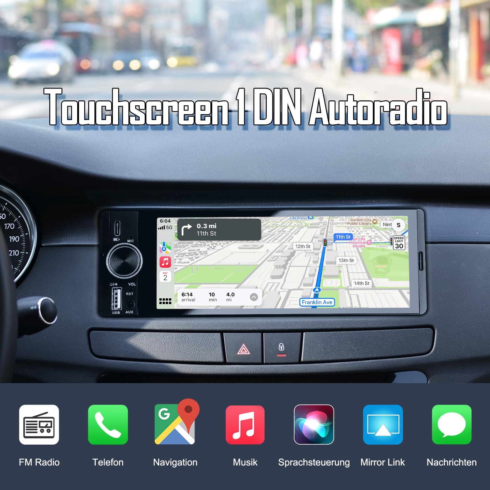1 DIN Autoradio mit Wireless CarPlay & Android Auto, 6,36 Zoll Auto Radio mit Bildschirm, Rückfahrkamera, FM, Bluetooth, Freisprecheinrichtung, Aux-Eingang, Lenkradsteuerung, Equalizer, Mirror Link