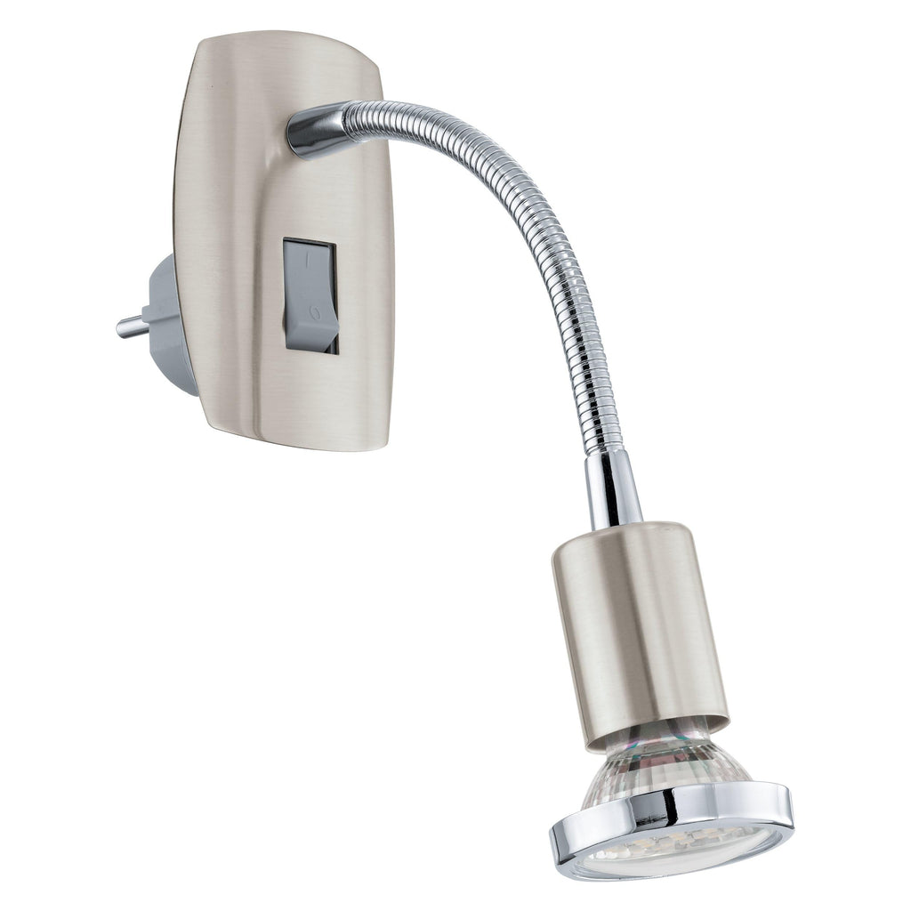EGLO Steckdosenspot Mini, 1 flammige Steckerleuchte, Steckdosenlampe aus Stahl, Farbe: Nickel matt, chrom, Fassung: GU10, inkl. Schalter und Flexarm