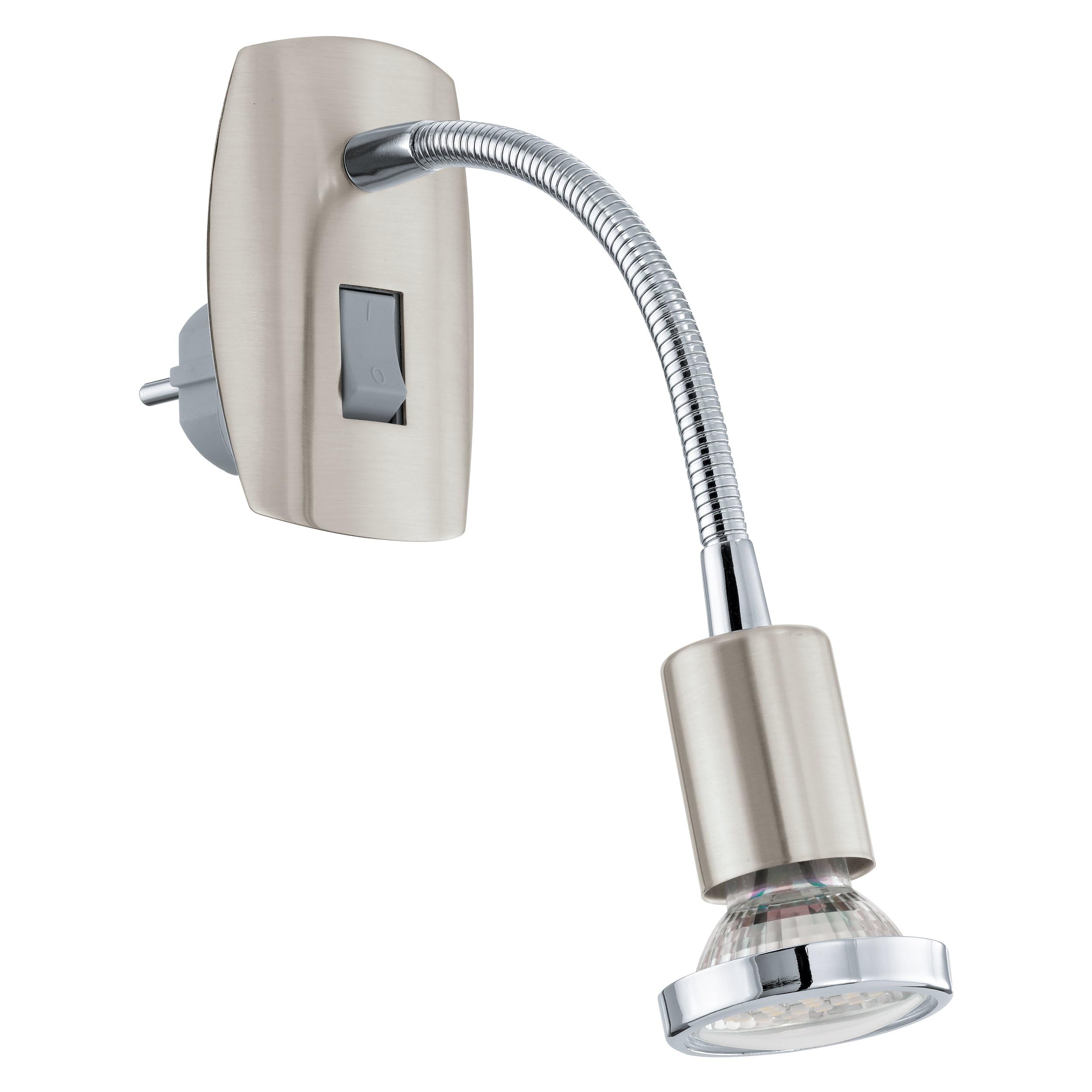 EGLO Steckdosenspot Mini, 1 flammige Steckerleuchte, Steckdosenlampe aus Stahl, Farbe: Nickel matt, chrom, Fassung: GU10, inkl. Schalter und Flexarm