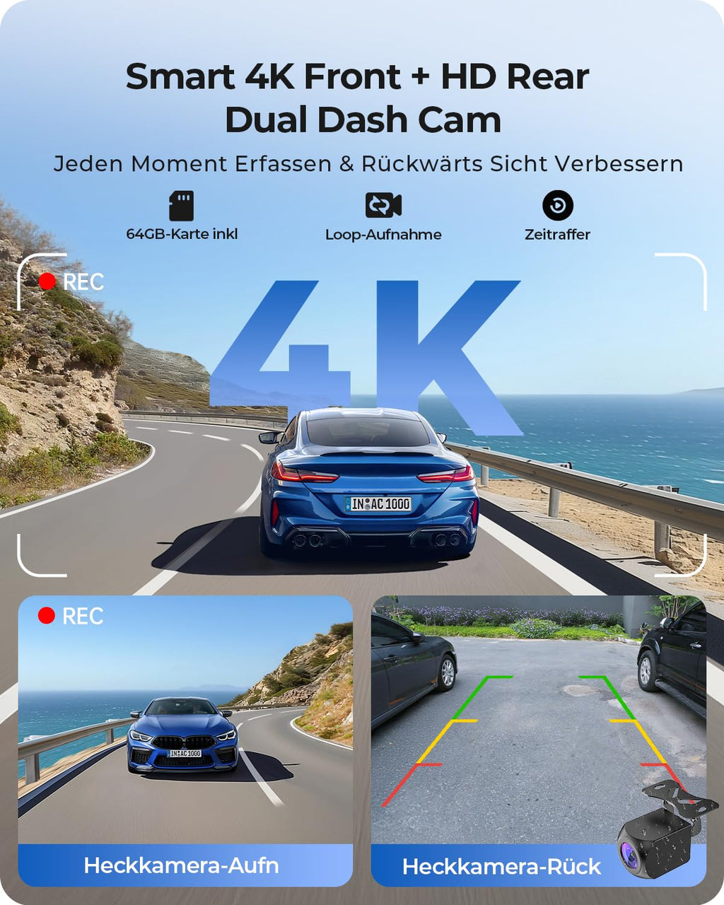 Krunia 9,26" Drahtloses Tragbarer Car Play Display mit 4K-Front- & HD-Rückfahr-Dual-Dashcam für Apple CarPlay & Android Auto mit OTA-Updates, Mirror Link, Bluetooth 5.0, Sprachsteuerung, GPS, FM