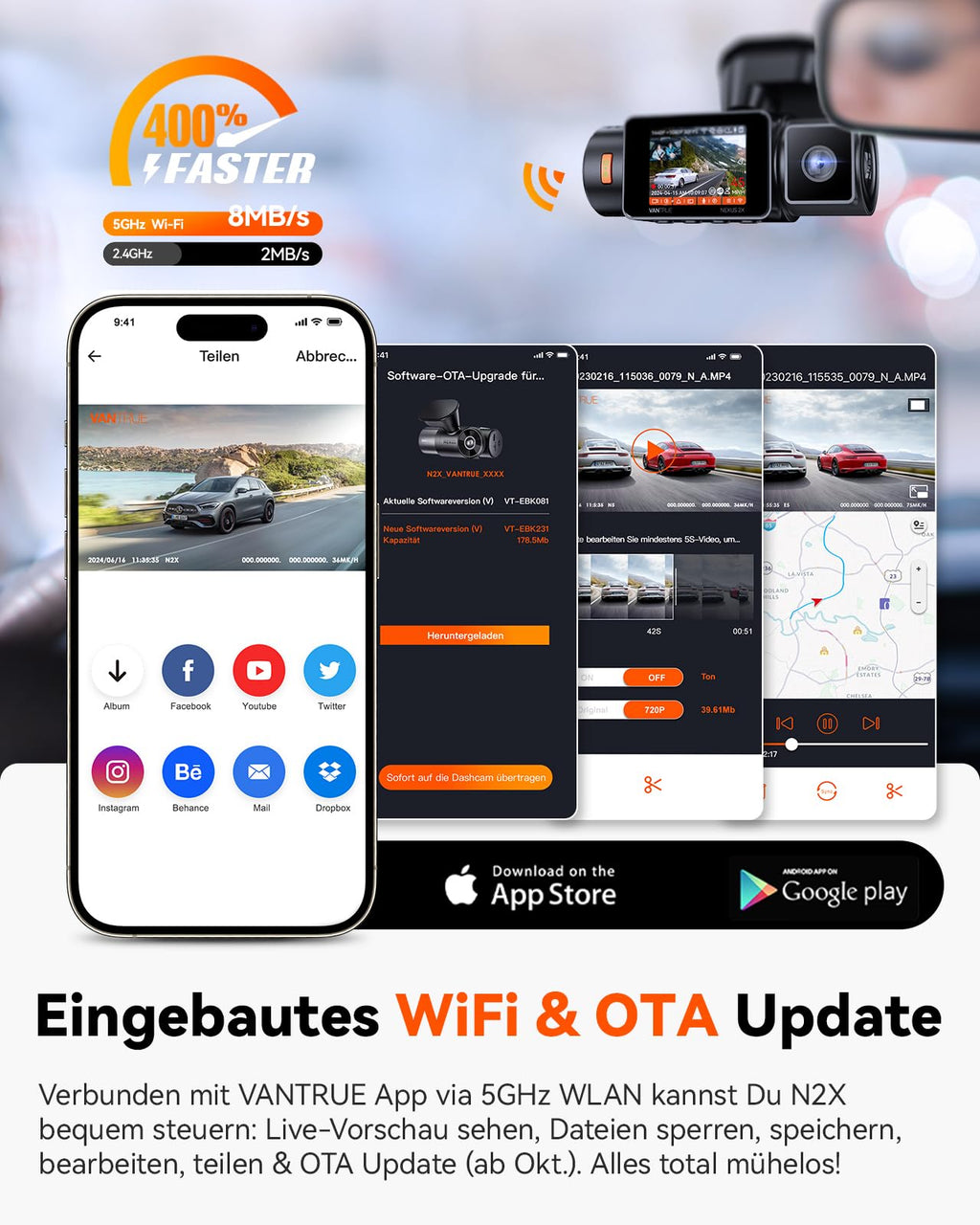 VANTRUE N2X 2.7K+1080P Dashcam Auto Vorne Innen, STARVIS 2 Dual HDR Nachtsicht Dash Cam, 2.5K/60FPS Front, GPS, 5GHz WiFi, App & Sprachsteuerung, 2″ 323° Dasch-Cam 24/7 Parkmodus, G Sensor, max. 1TB