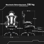 Yaheetech Gaming Stuhl Ergonomischer Gamer Stuhl mit Massagefunktion Computerstuhl mit Fußstütze Bürostuhl 90-135° Rückenlehne verstellbar Gaming Sessel PC Stuhl Weiß