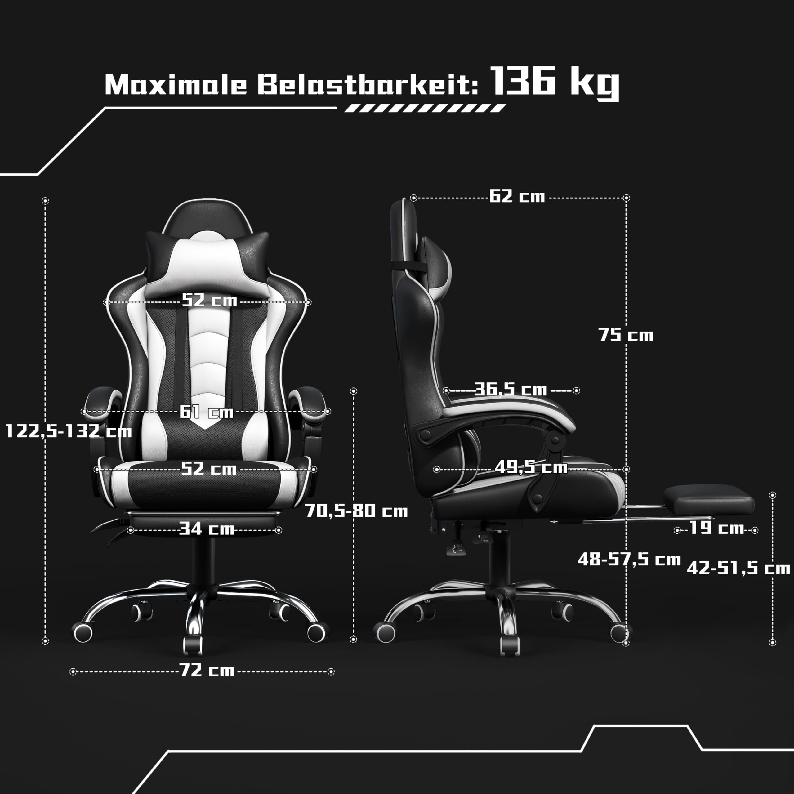 Yaheetech Gaming Stuhl Ergonomischer Gamer Stuhl mit Massagefunktion Computerstuhl mit Fußstütze Bürostuhl 90-135° Rückenlehne verstellbar Gaming Sessel PC Stuhl Weiß