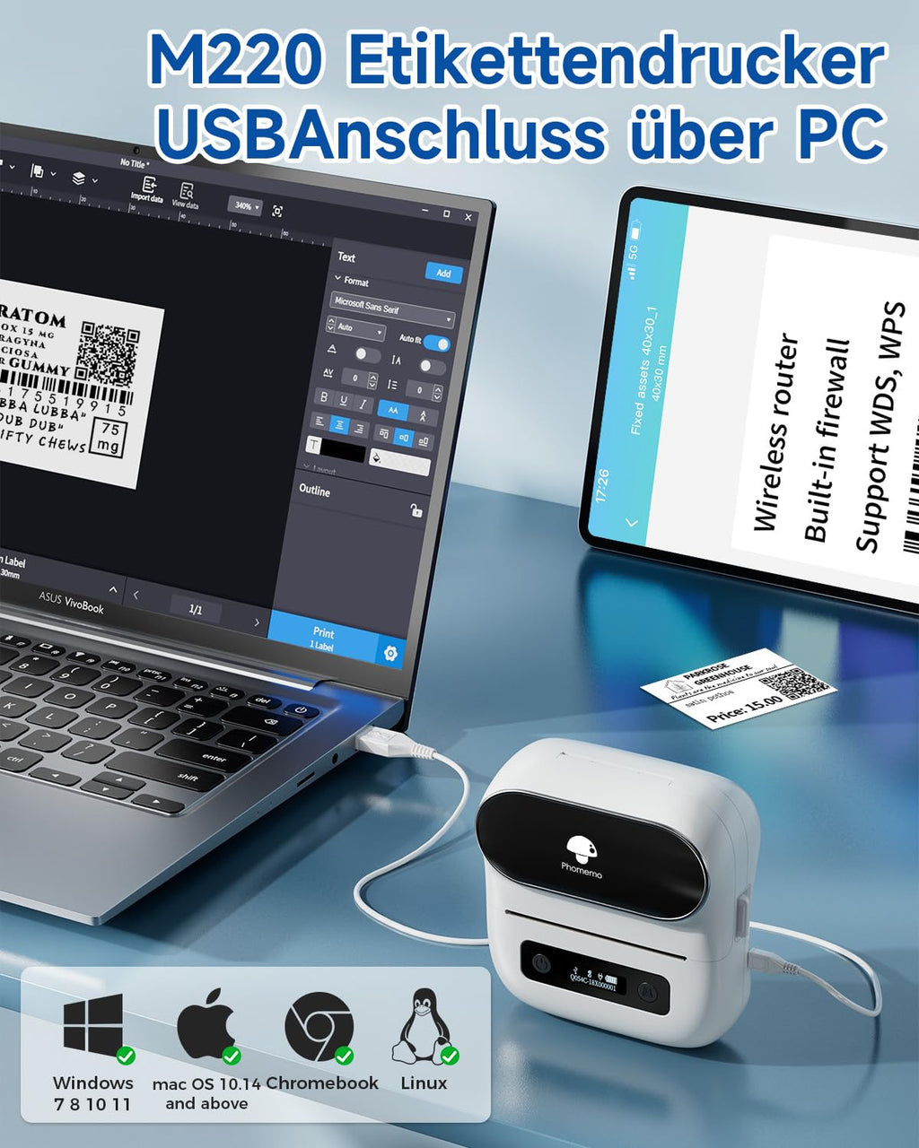 Phomemo M220 Etikettendrucker Bluetooth, Tragbarer Etikettiergerät Bluetooth Thermo Label Printer für Barcode,Einzelhandel,kleine Unternehmen,mit Telefonen & PC-System Weiß