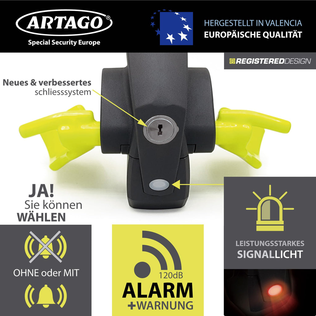 ARTAGO 870 Hochwertige Lenkradkralle 2in1 Ohne/Mit Alarm 120dB+LED, Sicherer und Abschreckender Lenkradsperre um die Lenkradspeiche, Fortschrittlichste Lenkradschloss zur Auto-Diebstahlsicherung