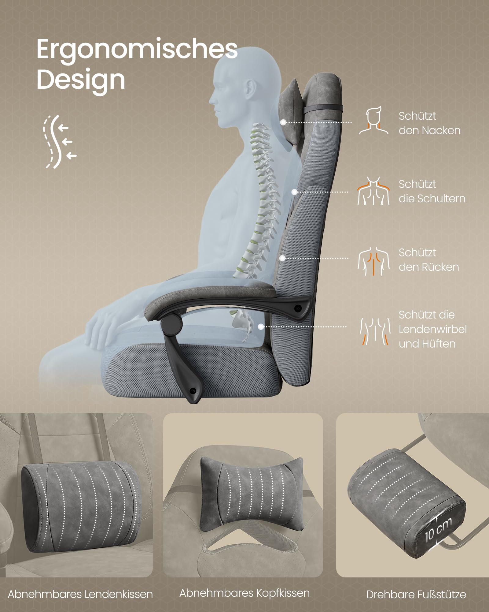 SONGMICS Gaming-Stuhl, Bürostuhl, Computerstuhl, ergonomisches Design, mit Fußstütze, verstellbares Kopfkissen, Lendenkissen, Tragkraft 150 kg, schiefergrau OBG077G01