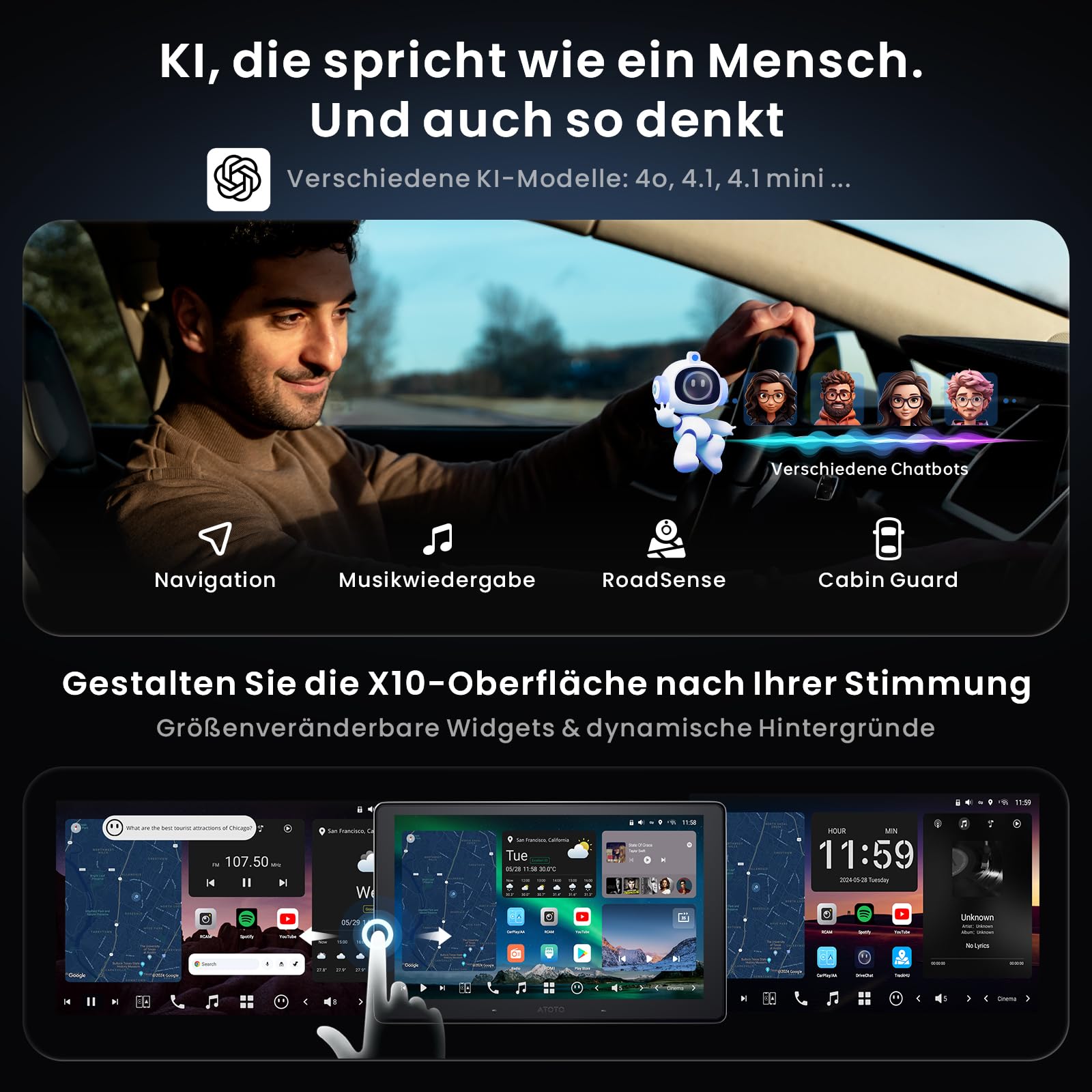 ATOTOZONE 10" QLED AI Android Autoradio 1 DIN, Floating Screen Auto, 8G+128G In-Dash Navigation,4G LTE, Kabelloses CarPlay & Android Auto, Dual-Phone & 2 Bluetooth,SCVC,GPS-Tracking,X10G110E