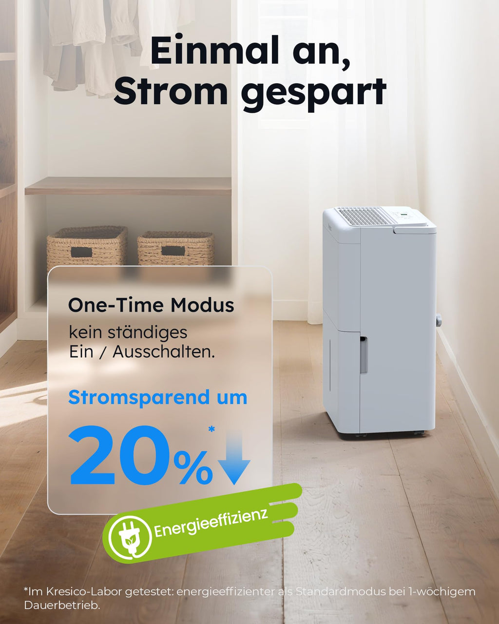 Kresico Luftentfeuchter elektrisch 20L, Entfeuchter elektrisch, Luftentfeuchter Keller für Räume bis zu 150m³/50m², Raumentfeuchter elektrisch 39dB mit Ablaufschlauch, Filter, Timer, 10 J. Gar.
