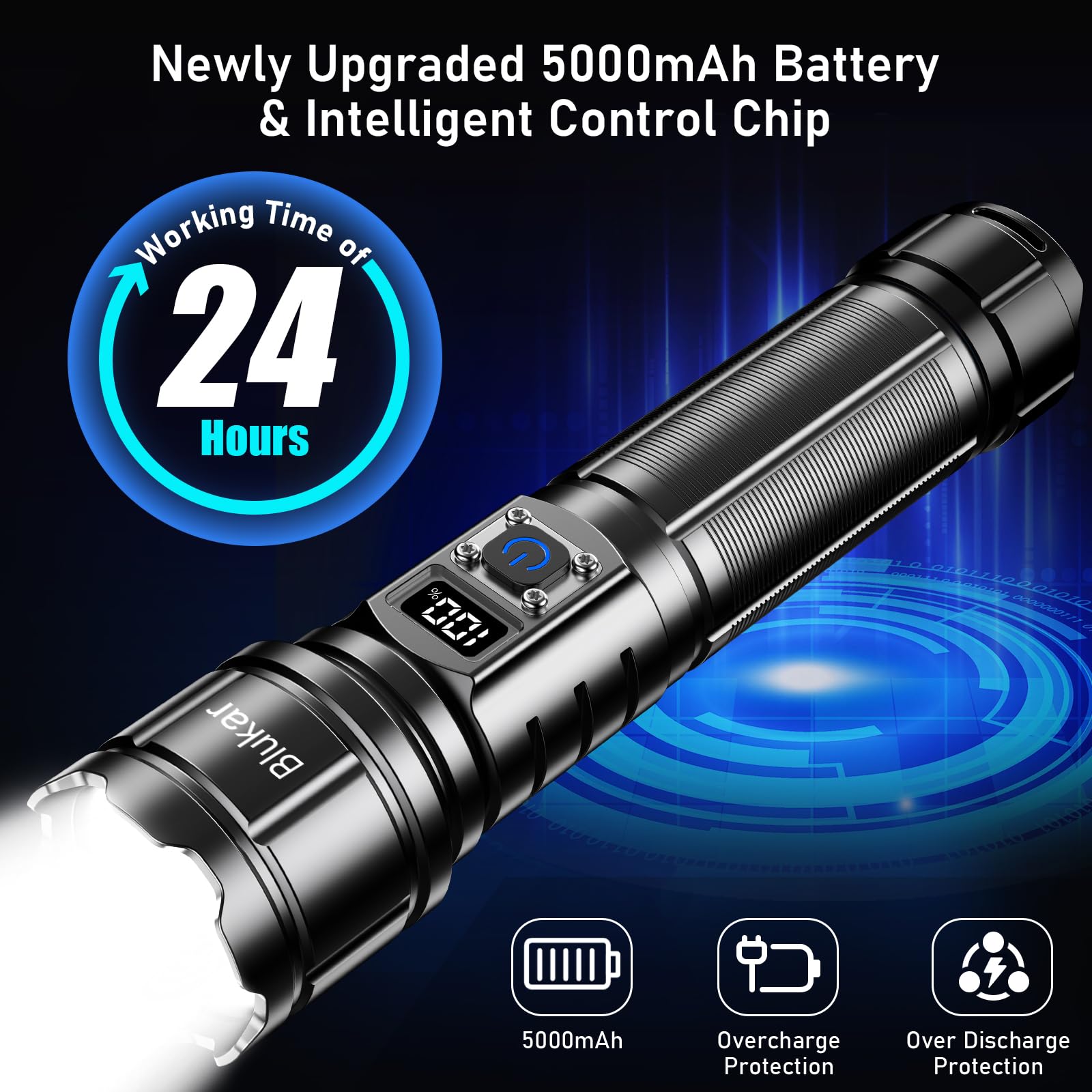 Blukar Taschenlampe LED Aufladbar, Extrem Hell Hohe Helligkeit Taschenlampen Zoombare Handlampe mit 5 Lichtmodi, IP67 Wasserdicht Flashlight Torch für Camping, Outdoor, Notfäll