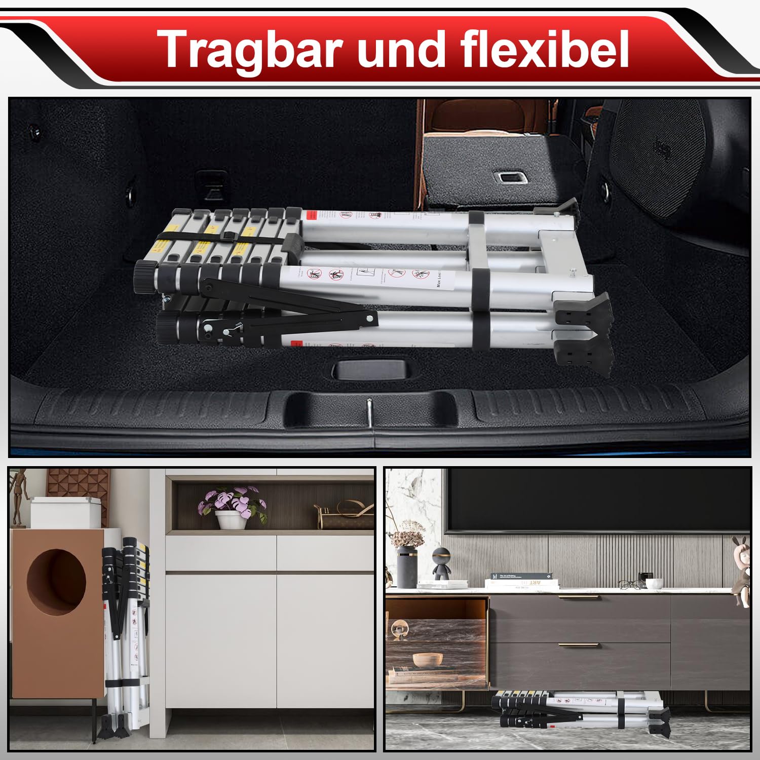 Lospitch 2M+2.3M Teleskopleiter Klappleiter, Rutschfester Aluleiter Mehrzweckleiter Ausziehbare Leiter, A-Rahmen 6+7 Sprossen Aluminiumleiter, 150 kg Tragfähigkeit