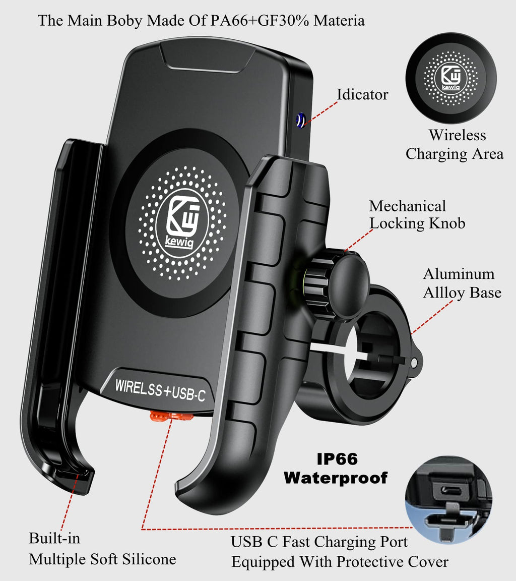 BRCOVAN Motorrad Handyhalterung mit Qi 15W kabellosem Ladegerät und USB-C 20W Ladeanschluss, 360 Drehung Outdoor Lenker Handy Halterung für 4-8 Zoll Smartphones