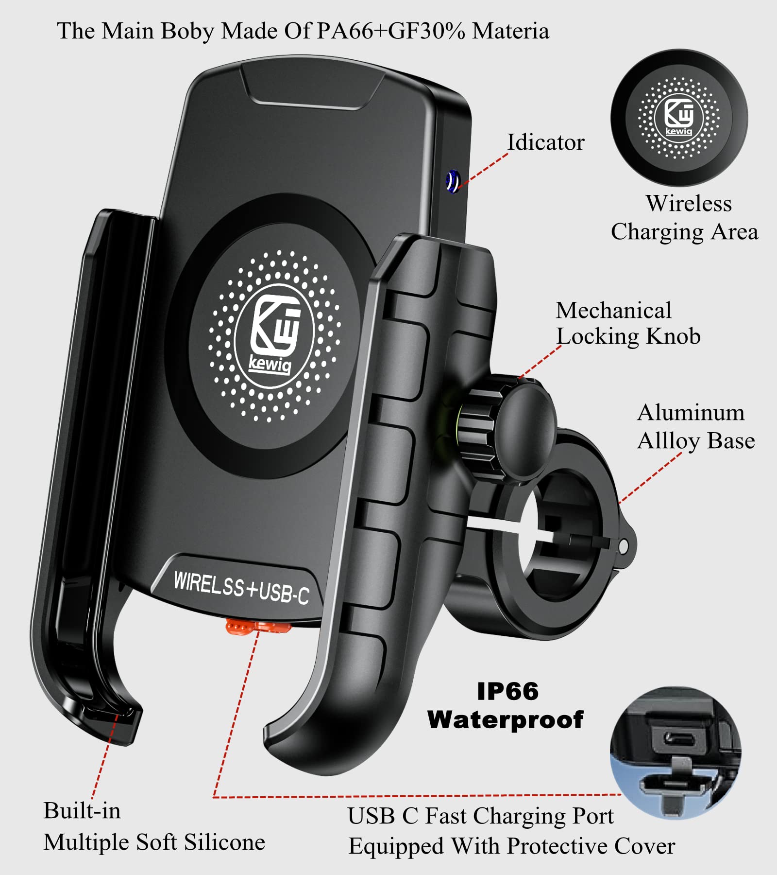 BRCOVAN Motorrad Handyhalterung mit Qi 15W kabellosem Ladegerät und USB-C 20W Ladeanschluss, 360 Drehung Outdoor Lenker Handy Halterung für 4-8 Zoll Smartphones