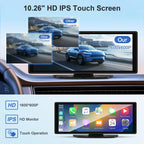 10,26 Zoll Carplay Display - Wireless Android Auto Car Play Display mit 4K Dashcam 1080P Rückfahrkamera IPS Touchscreen Bluetooth Mirror Link Split Screen FM Radio/AUX 64G TF