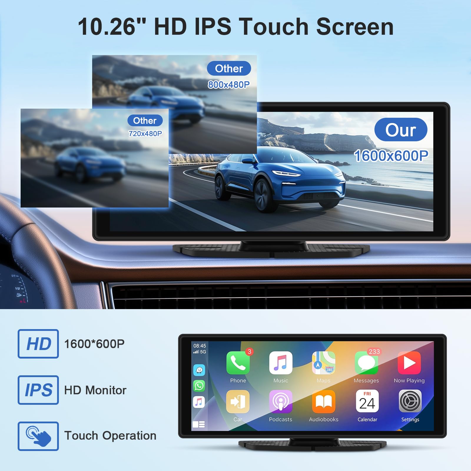 10,26 Zoll Carplay Display - Wireless Android Auto Car Play Display mit 4K Dashcam 1080P Rückfahrkamera IPS Touchscreen Bluetooth Mirror Link Split Screen FM Radio/AUX 64G TF