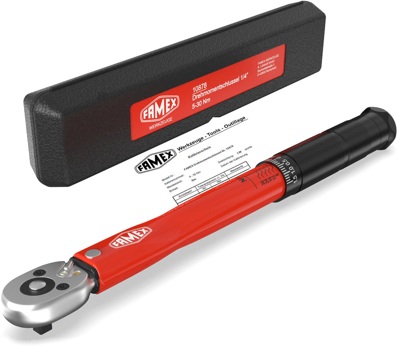FAMEX 10878 Drehmomentschlüssel 1/4 Zoll (6,3mm)-Antrieb 5-30 Nm - für Messung in beiden Drehrichtungen - Fahrrad E-Bike Auto Feinmechanik, geprüft, klein