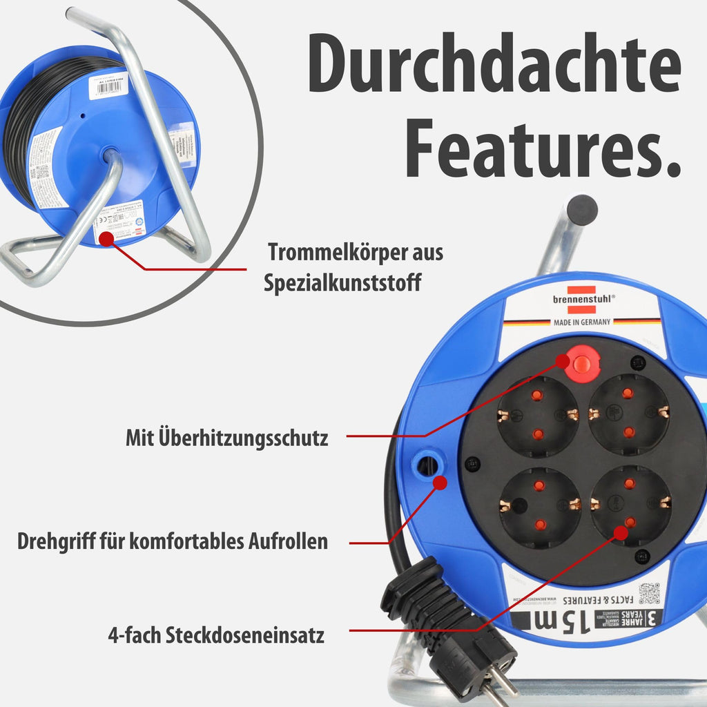 Brennenstuhl Garant Kompakt Kabeltrommel/Kabelrolle mit 4 Steckdosen (15m Kabel in schwarz, aus Spezialkunststoff, Made in Germany)